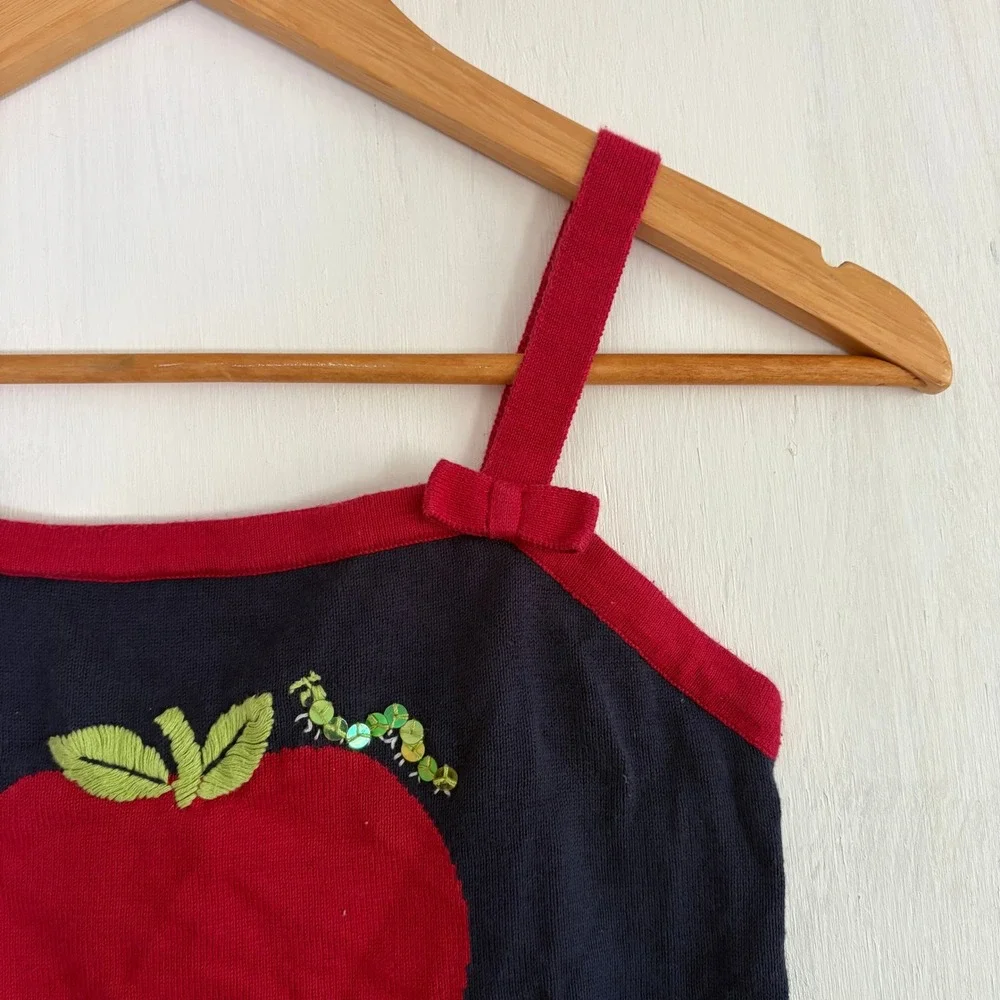 Vintage Gymboree 2003 Apple Caterpillar Sequin Knit Tank Top Navy Red Size 9